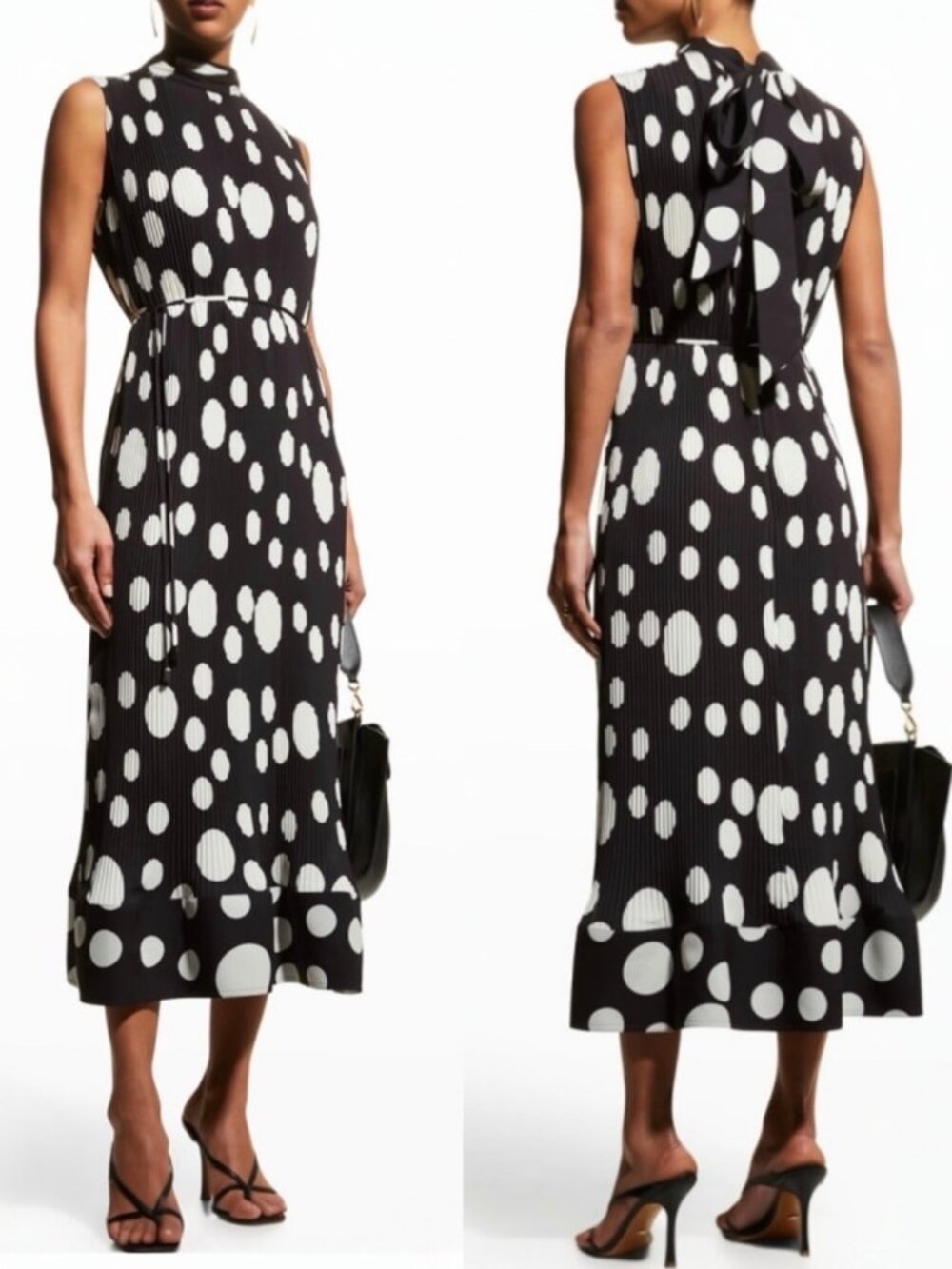 NWT MILLY Melina Pleated Scatter Dot Polka Dress Midi Black Ecru 6 $450